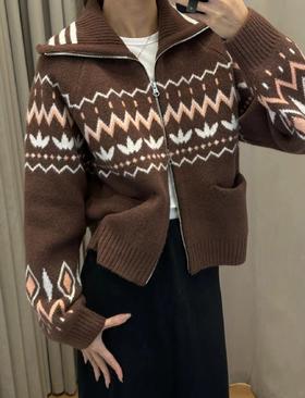 F020138新款宽松提花双开拉链运动针织开衫外套女