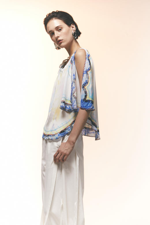 "SS25幻彩花"印花方巾式单肩上衣 商品图2