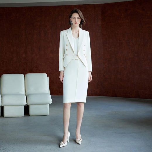 IWY/高级感米白色双排扣长袖套装裙女收腰干练气质通勤职业套装 商品图2