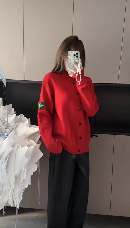 F020121新款徽章立领拉链单排扣针织外套新年红针织开衫 商品图1