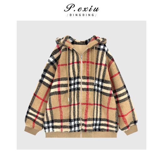A008潘依绣丁丁宠粉慵懒风撞色格纹摇粒绒磨绒加厚连帽抽绳外套Q65558 商品图0