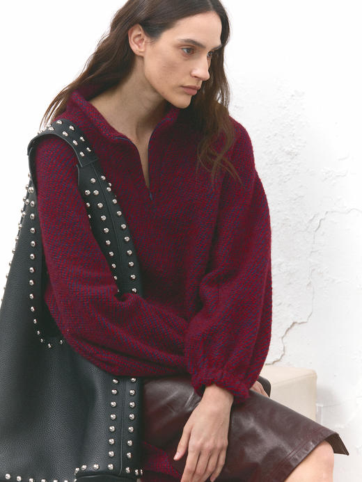 皮革拼接半高领毛呢套头衫 商品图2