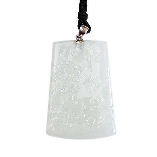 【天然正品】A货翡翠AU750收藏级白金镶天然细腻木那雪花棉冰种山水平安无事牌翡翠吊坠项链71.8*40.4*6.1MM（皆取最大值）131125AH19 商品图0