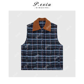 A008潘依绣丁丁宠粉毛感格纹撞色翻领马甲 Q3493