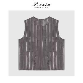 04-1潘依绣丁丁宠粉复古高级竖条纹抽绳无袖马甲Q30591