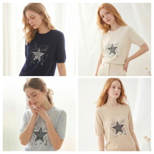 【咕咕同款】KINGDEER/KD女式简约高级感刺绣短袖羊绒衫L805512轻运动/花朵/休闲款鹿王 商品图1