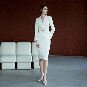 IWY/高级感米白色双排扣长袖套装裙女收腰干练气质通勤职业套装