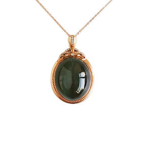 【天然正品】AU750玫瑰金镶钻镶天然细腻无黑点蛋面和田玉碧玉猫眼吊坠项链33.4*21.4*12.0MM（皆取最大值）蛋面：20.2*17.2MM170126NJS63