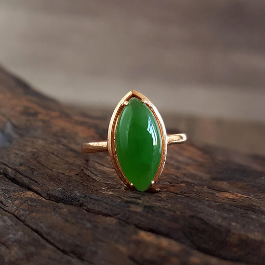 【天然正品】AU750玫瑰金镶天然无黑点菠菜绿马眼形和田玉碧玉戒指9.5号（戒圈可改）170126NJS76 商品图6