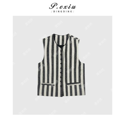 04-3潘依绣丁丁宠粉老钱风撞色条纹无袖马甲Q78915 商品图0