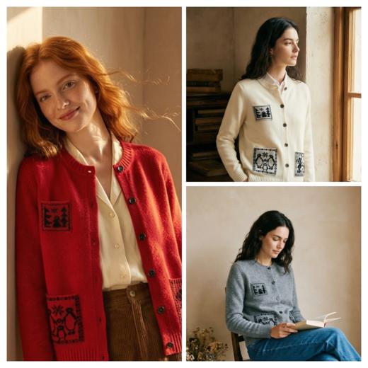 KINGDEER/KD休闲风提花不起球时尚羊绒衫L805588复古奶奶风鹿王 红色 商品图3