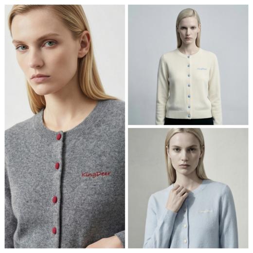 KINGDEER/KD秋冬新款百搭休闲宽松圆领羊绒开衫 约260g L805587经典基本款/气质款/100%山羊绒鹿王 商品图1