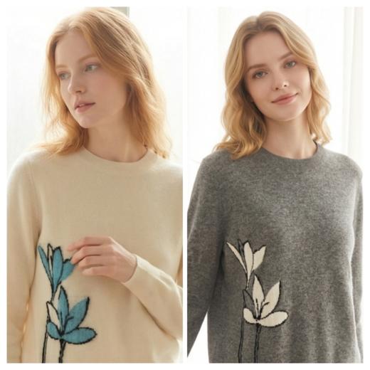 KINGDEER/KD百搭圆领常规大花保暖毛衣休闲套衫羊绒衫L805626温婉奶油款鹿王 商品图2