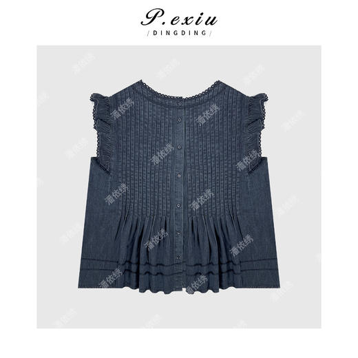 04-3潘依绣丁丁宠粉法式俏皮重工压皱无袖牛仔马甲Q20048 商品图1