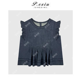 04-3潘依绣丁丁宠粉法式俏皮重工压皱无袖牛仔马甲Q20048