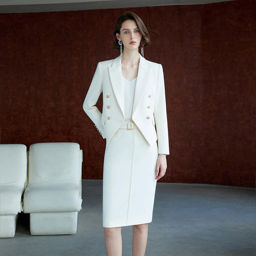 IWY/高级感米白色双排扣长袖套装裙女收腰干练气质通勤职业套装 商品图3