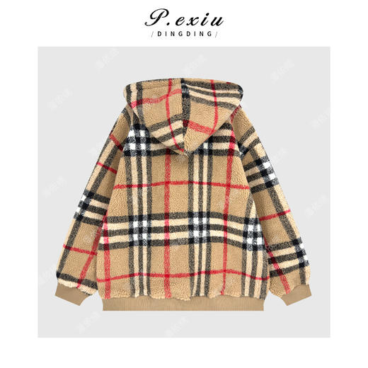A008潘依绣丁丁宠粉慵懒风撞色格纹摇粒绒磨绒加厚连帽抽绳外套Q65558 商品图1