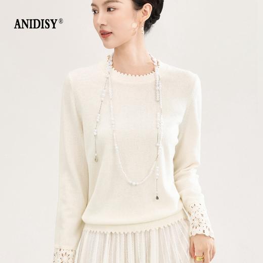 山羊绒手工镂空钩花芽边圆领长袖针织上衣 商品图0