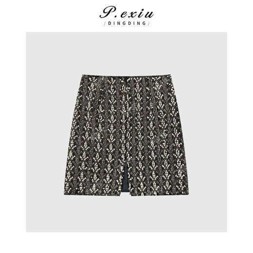 PanYiXiu/潘依绣【C位千金】时髦小香风钉珠亮片后开叉半身裙M9052 商品图2