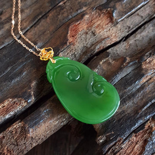 【天然正品】AU750黄金镶天然细腻菠菜绿无黑点如意（万事如意）和田玉碧玉吊坠项链35.1*18.7*5.8MM（皆取最大值）170126NJS68 商品图6