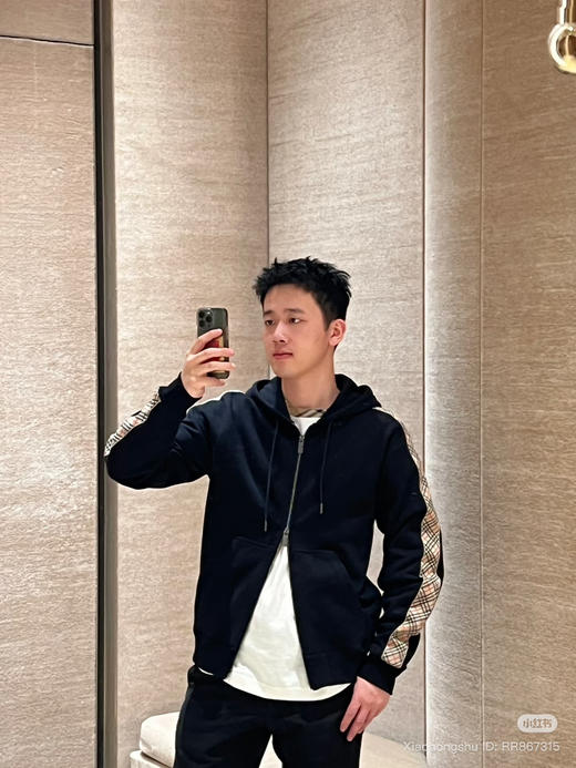 22-5 B家格纹织带袖拉链连帽卫衣 老朱穿M 商品图7