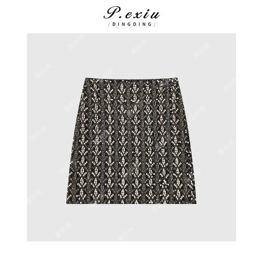 PanYiXiu/潘依绣【C位千金】时髦小香风钉珠亮片后开叉半身裙M9052 商品图1