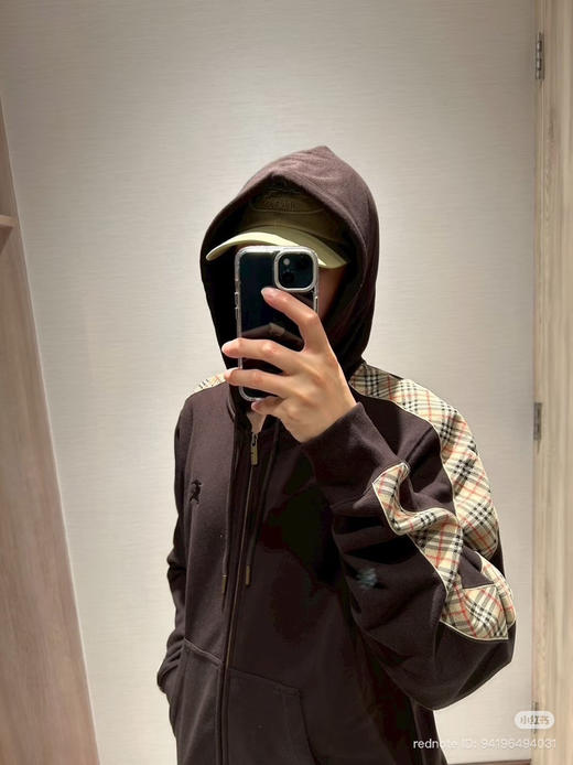 22-5 B家格纹织带袖拉链连帽卫衣 老朱穿M 商品图3