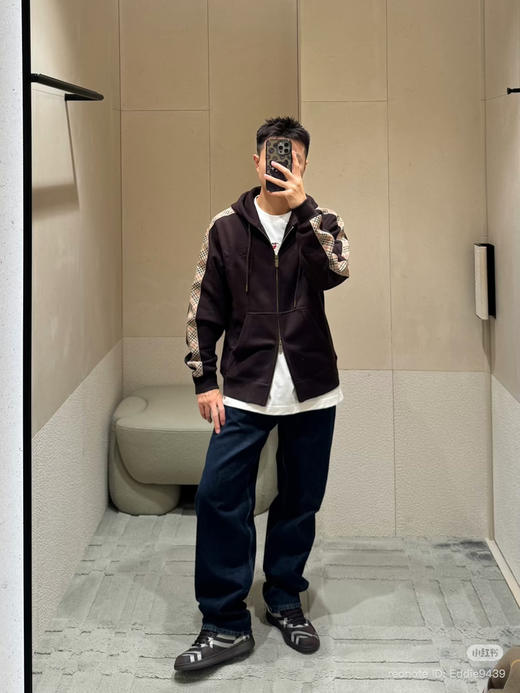 22-5 B家格纹织带袖拉链连帽卫衣 老朱穿M 商品图5