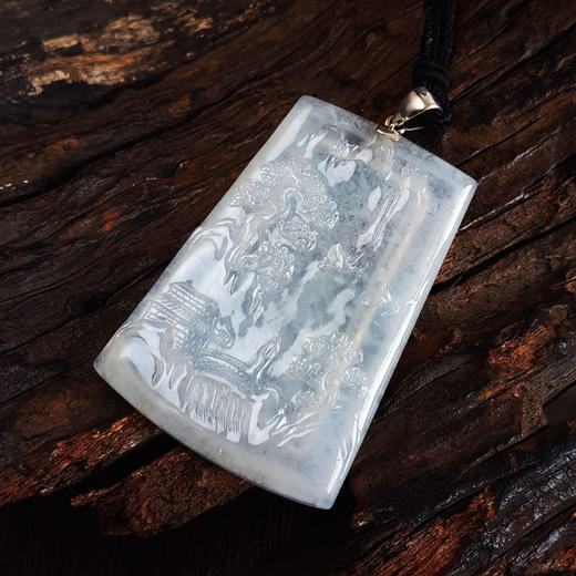 【天然正品】A货翡翠AU750收藏级白金镶天然细腻木那雪花棉冰种山水平安无事牌翡翠吊坠项链71.8*40.4*6.1MM（皆取最大值）131125AH19 商品图5