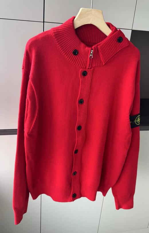 F020121新款徽章立领拉链单排扣针织外套新年红针织开衫 商品图0