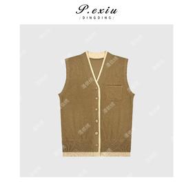 A008潘依绣丁丁宠粉设计感撞色带披肩排扣马甲 Q34041