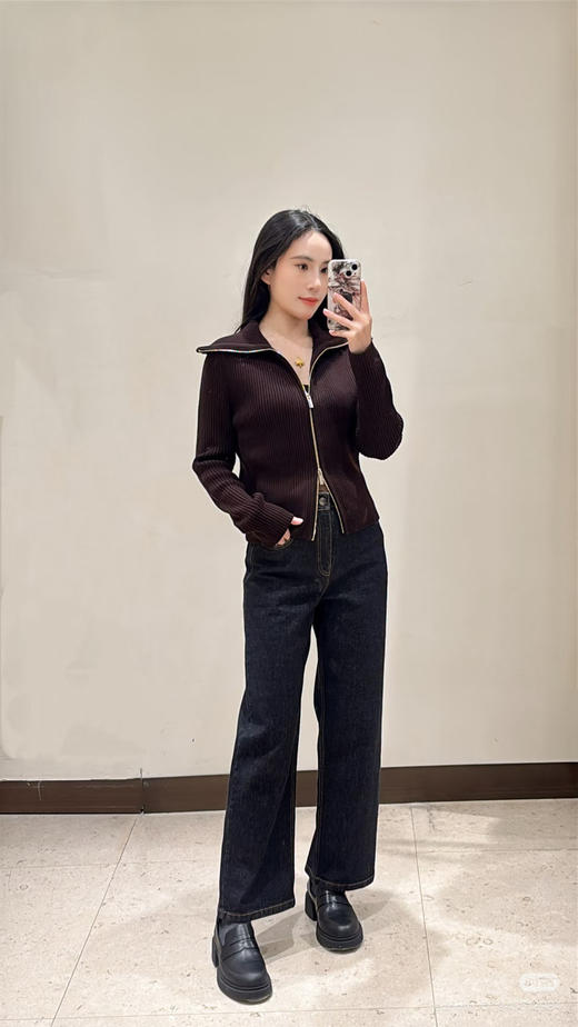 22-3 独家圆正 小禾 半精纺羊毛 栗子红 拉链针织开衫 我穿XL 商品图2