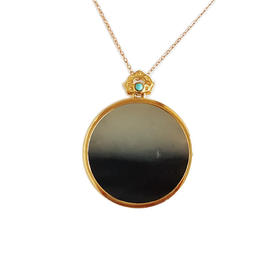 【天然正品】AU750黄金镶天然细腻新疆青花圆形平安无事牌和田玉吊坠项链30.6*25.1*5.1MM（皆取最大值）170126NJS59