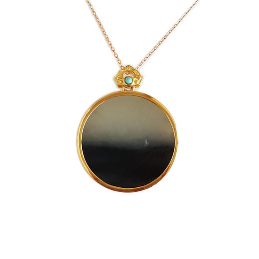 【天然正品】AU750黄金镶天然细腻新疆青花圆形平安无事牌和田玉吊坠项链30.6*25.1*5.1MM（皆取最大值）170126NJS59 商品图0