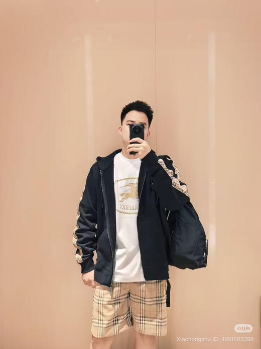 22-5 B家格纹织带袖拉链连帽卫衣 老朱穿M 商品图8