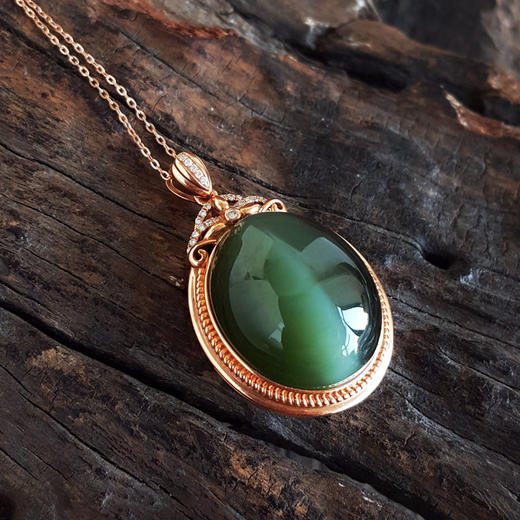 【天然正品】AU750玫瑰金镶钻镶天然细腻无黑点蛋面和田玉碧玉猫眼吊坠项链33.4*21.4*12.0MM（皆取最大值）蛋面：20.2*17.2MM170126NJS63 商品图3