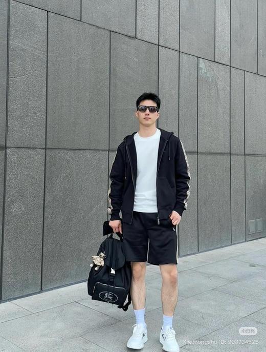 22-5 B家格纹织带袖拉链连帽卫衣 老朱穿M 商品图10