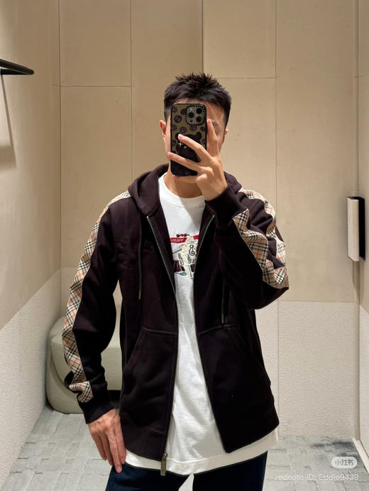 22-5 B家格纹织带袖拉链连帽卫衣 老朱穿M 商品图6