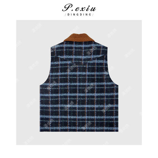 A008潘依绣丁丁宠粉毛感格纹撞色翻领马甲 Q3493 商品图1