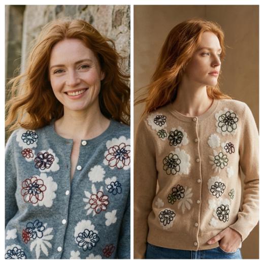 KINGDEER/KD秋冬新款女式圆领开衫长袖羊绒衫L805834复古奶奶风鹿王 商品图1