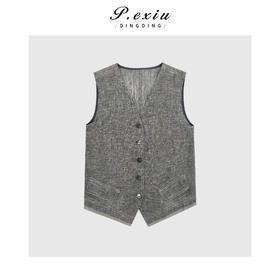 04-3潘依绣丁丁宠粉复古时髦下摆撞色拼接V领无袖马甲Q4921