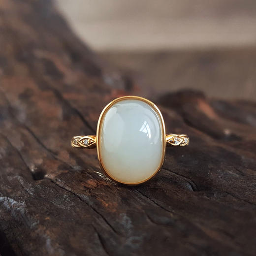 【天然正品】AU750黄金镶钻镶天然新疆籽料细腻一级白油润度佳蛋面和田玉戒指12号（戒圈可改）170126NJS72 商品图2