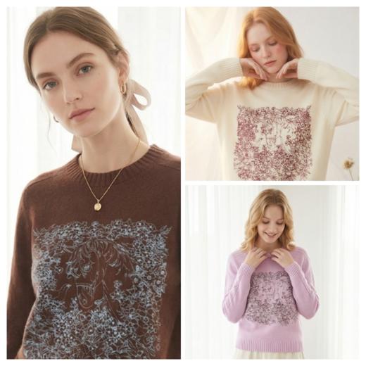 KINGDEER/KD新款线绣时尚宽松复古套头圆领羊绒衫L805686轻运动/花朵/休闲款鹿王 商品图3