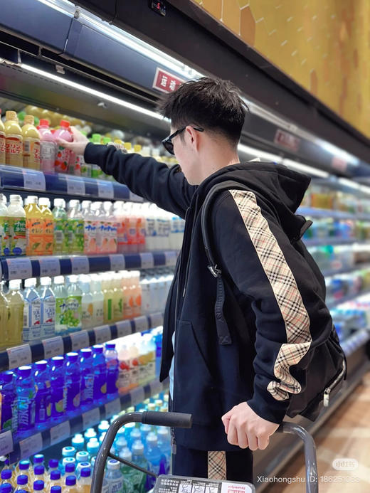 22-5 B家格纹织带袖拉链连帽卫衣 老朱穿M 商品图12