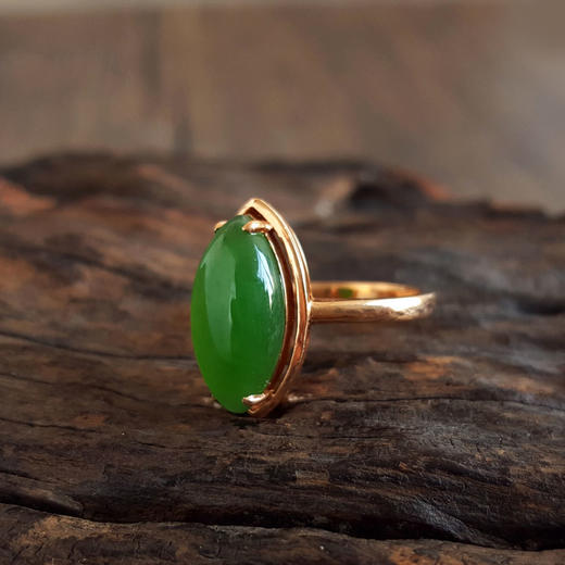 【天然正品】AU750玫瑰金镶天然无黑点菠菜绿马眼形和田玉碧玉戒指9.5号（戒圈可改）170126NJS76 商品图4