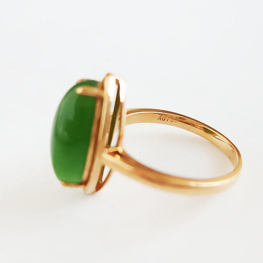 【天然正品】AU750玫瑰金镶天然无黑点菠菜绿马眼形和田玉碧玉戒指9.5号（戒圈可改）170126NJS76 商品图3