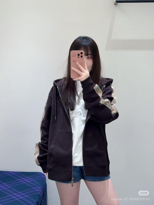 22-5 B家格纹织带袖拉链连帽卫衣 老朱穿M 商品图0