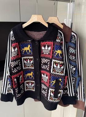 F020140新款时尚夹克翻领提花针织开衫女款