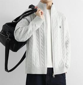 F020245针织拉链毛衣外套夹克情侣男女同款小马刺绣logo麻花毛衣