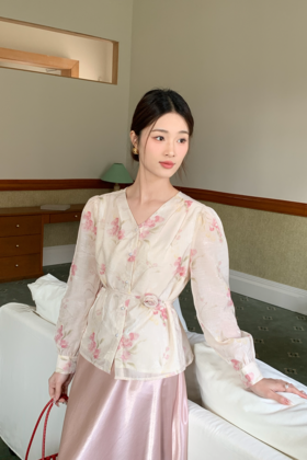 amadella 法式温柔甜美粉色印花衬衫 22347